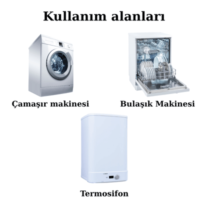 Mizufy kireç önleyici filtrenin kullanım alanları: çamaşır makinesi, bulaşık makinesi ve termosifondur.