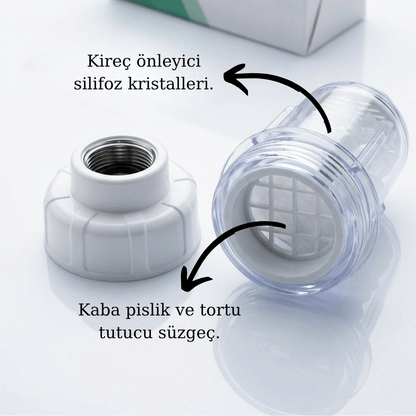 Mizufy kireç önleyici filtre silifoz kristalleri ile kireci engeller ve süzgeci ile kaba pislik ve tortuları tutar.