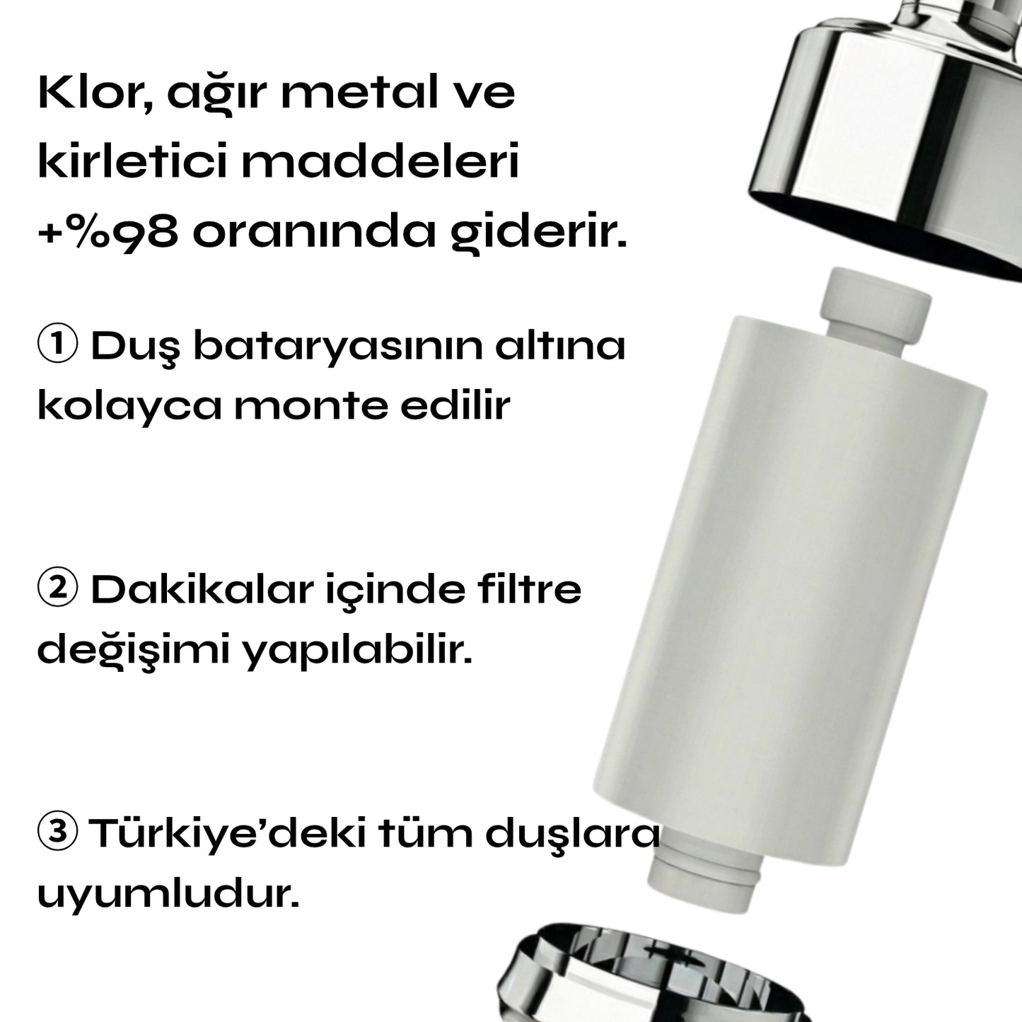 Mizufy duş filtresi kloru ve ağır metalleri %98 oranında filtreler, kolayca monte edilir, Türkiye'deki tüm duşlara uyumludur.