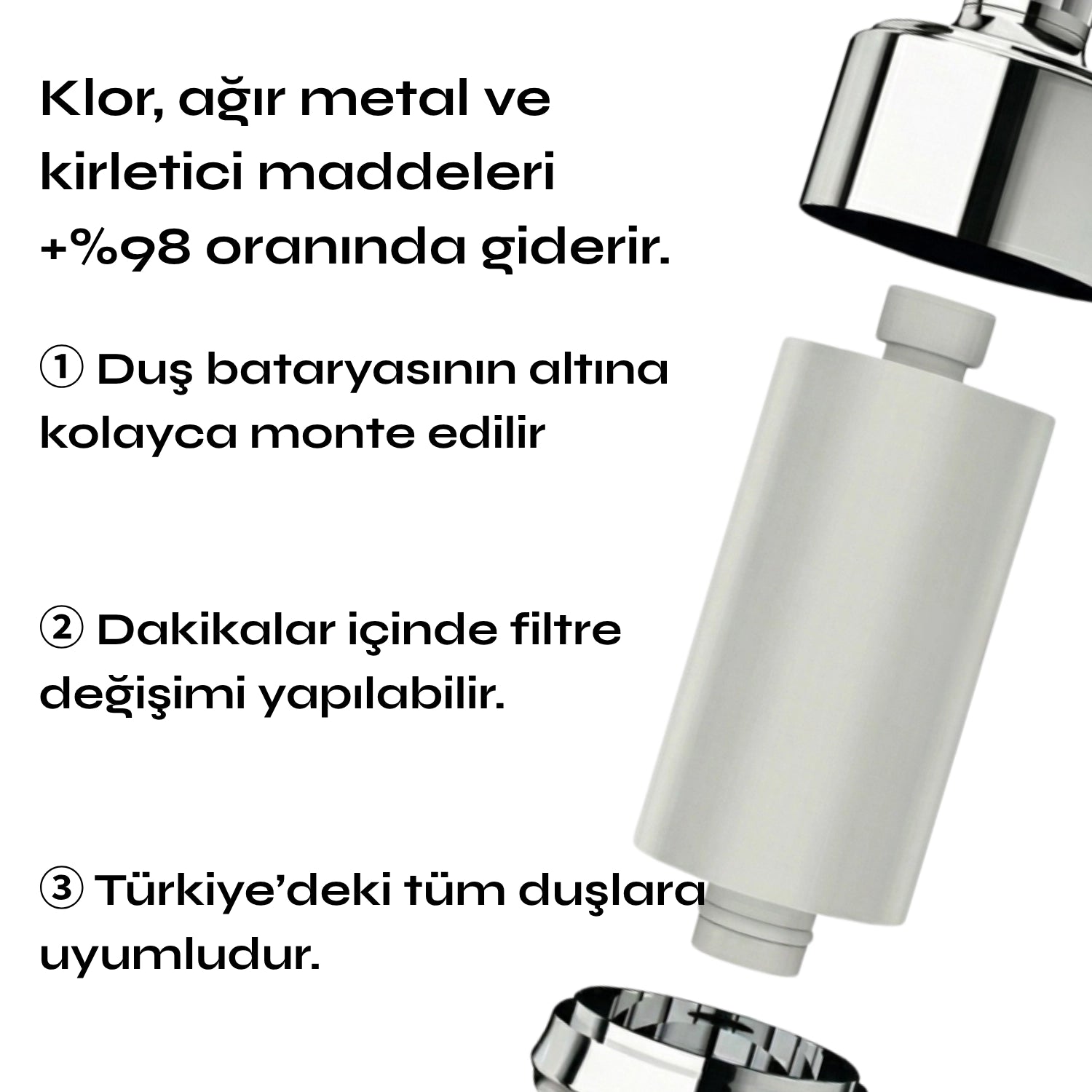 Mizufy duş filtresi kloru ve ağır metalleri %98 oranında filtreler, kolayca monte edilir, Türkiye'deki tüm duşlara uyumludur.